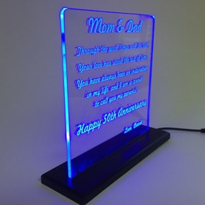 LED lit acrylic sign with laser etching